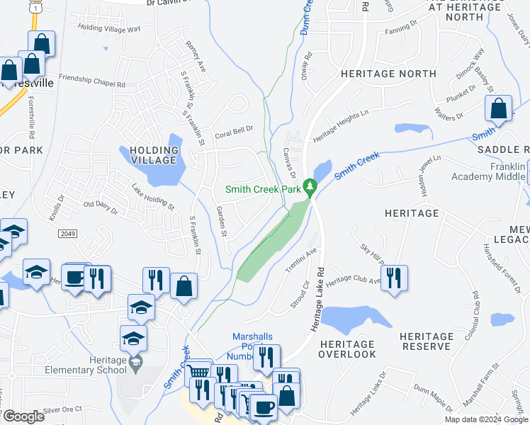 map of restaurants, bars, coffee shops, grocery stores, and more near 1125 Heritage Greens Drive in Wake Forest