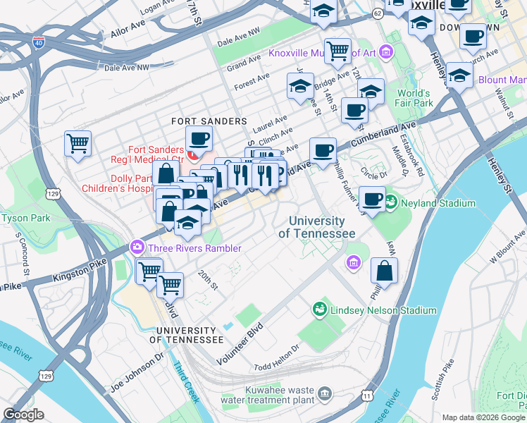 map of restaurants, bars, coffee shops, grocery stores, and more near 1730 Lake Avenue in Knoxville