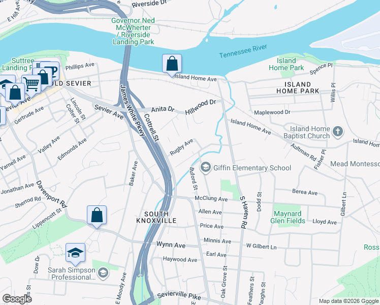 map of restaurants, bars, coffee shops, grocery stores, and more near 1717 Lenland Avenue in Knoxville