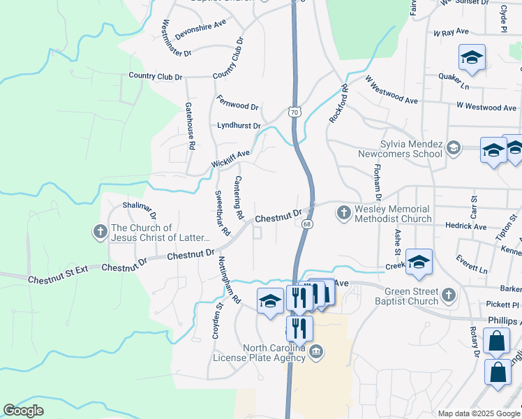 map of restaurants, bars, coffee shops, grocery stores, and more near 1408 Chestnut Drive in High Point