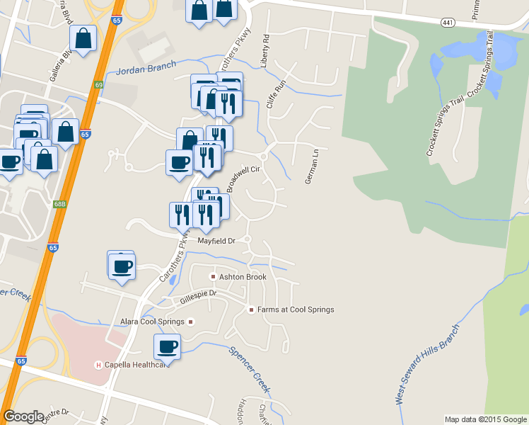 map of restaurants, bars, coffee shops, grocery stores, and more near 164 Broadwell Circle in Franklin