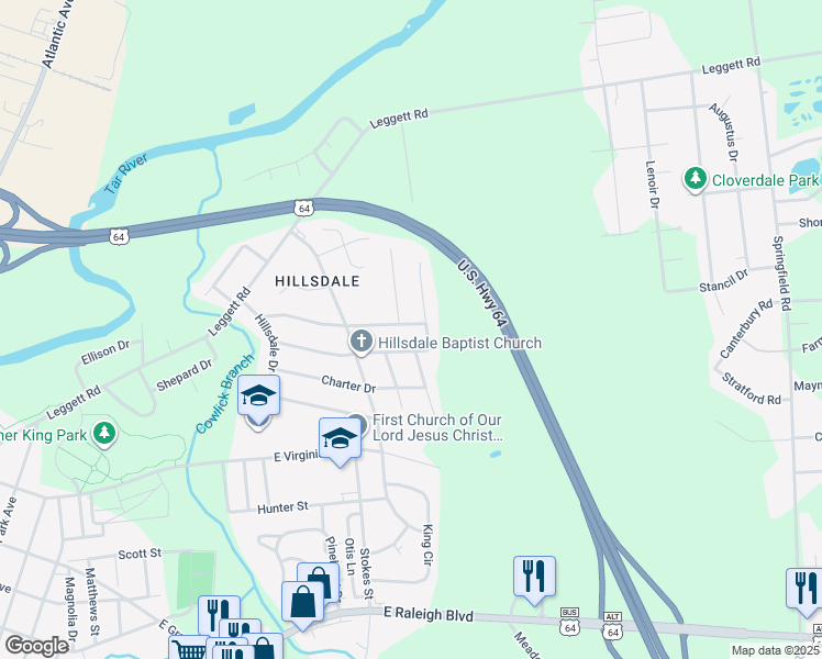 map of restaurants, bars, coffee shops, grocery stores, and more near 1701 Fountain Street in Rocky Mount