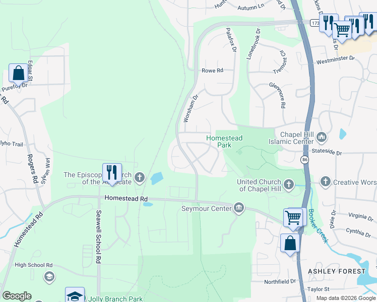 map of restaurants, bars, coffee shops, grocery stores, and more near 211 Chateau Place in Chapel Hill