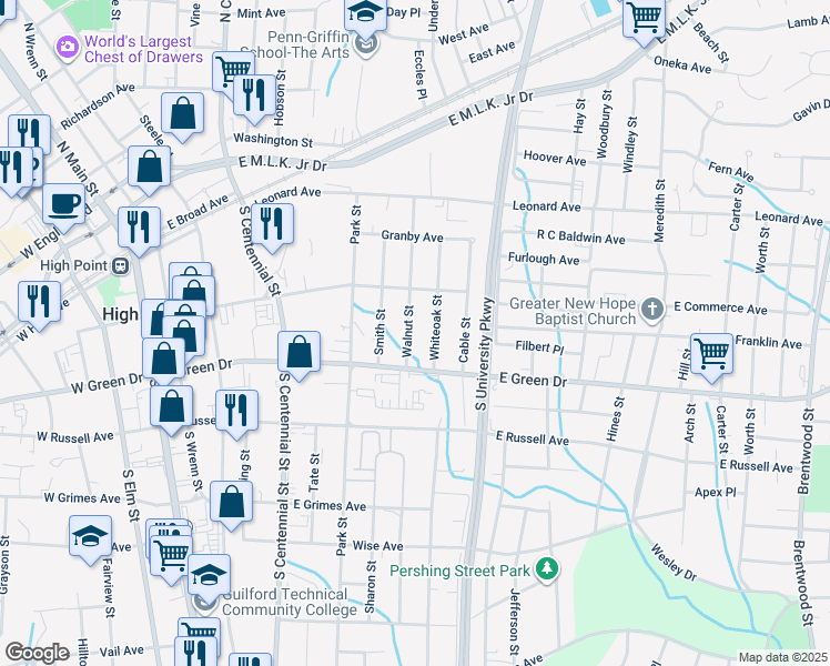map of restaurants, bars, coffee shops, grocery stores, and more near 521 Walnut Street in High Point