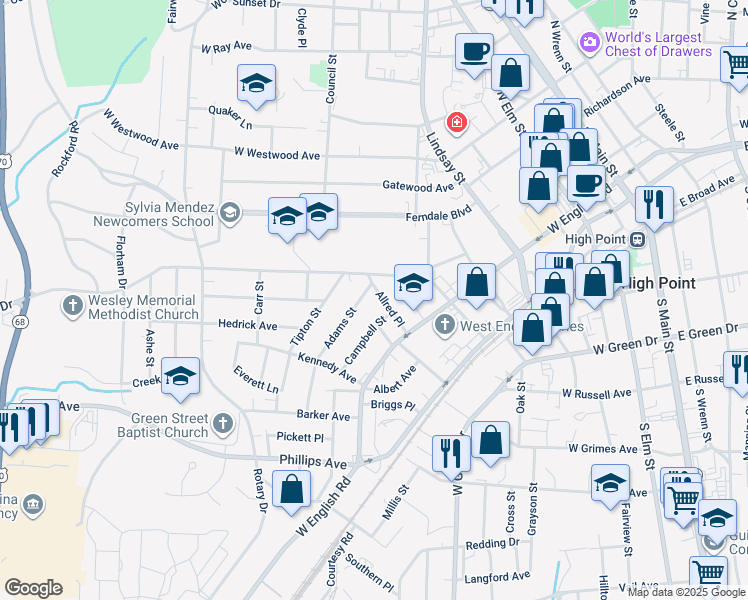 map of restaurants, bars, coffee shops, grocery stores, and more near 307 Allred Place in High Point
