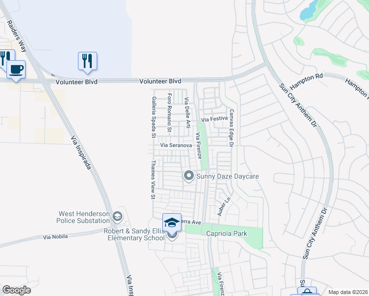 map of restaurants, bars, coffee shops, grocery stores, and more near 3185 Via Seranova in Henderson