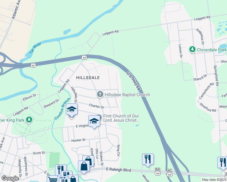 map of restaurants, bars, coffee shops, grocery stores, and more near 1701 Fountain Street in Rocky Mount
