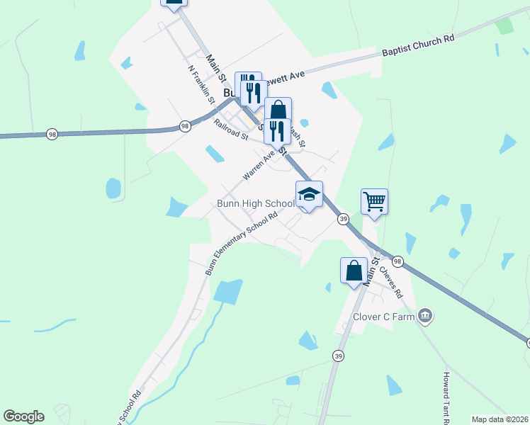 map of restaurants, bars, coffee shops, grocery stores, and more near 88 Bunn Elementary School Road in Bunn