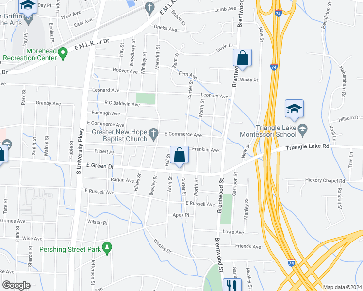 map of restaurants, bars, coffee shops, grocery stores, and more near 1609 Franklin Avenue in High Point