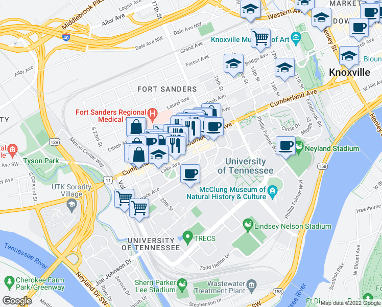 map of restaurants, bars, coffee shops, grocery stores, and more near 1805 Lake Ave in Knoxville