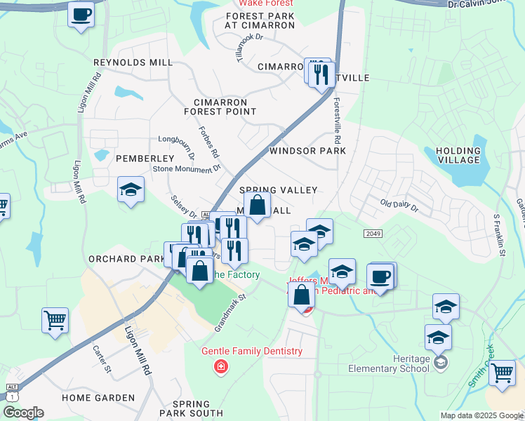 map of restaurants, bars, coffee shops, grocery stores, and more near 151 Farm Road in Wake Forest