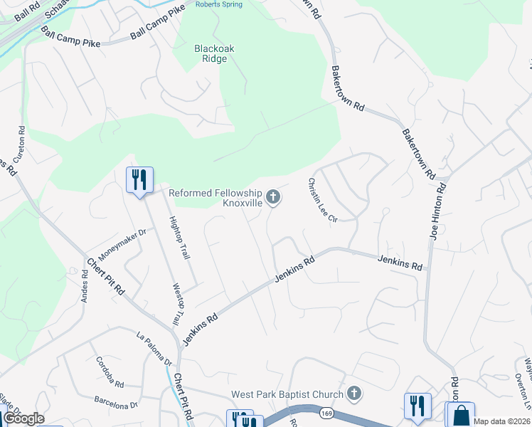map of restaurants, bars, coffee shops, grocery stores, and more near 7804 Representative Lane in Knoxville