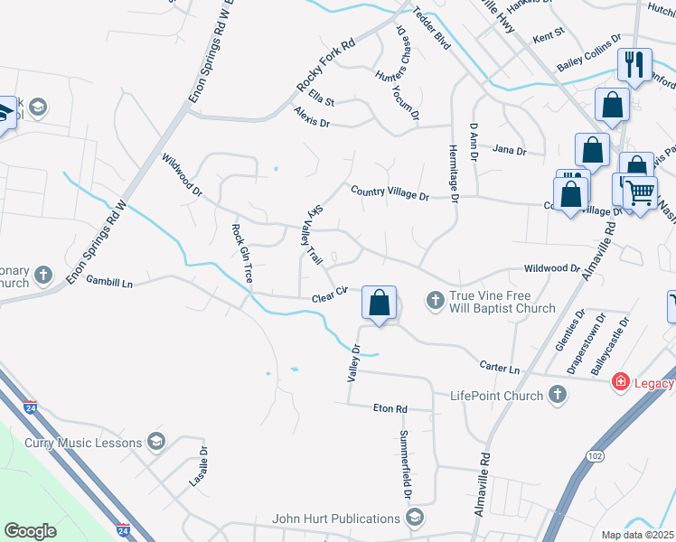 map of restaurants, bars, coffee shops, grocery stores, and more near 615 Glen Valley Trail in Smyrna