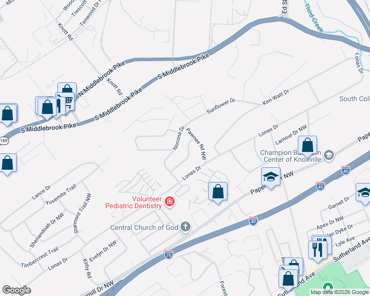 map of restaurants, bars, coffee shops, grocery stores, and more near 4704 Santala Drive Northwest in Knoxville