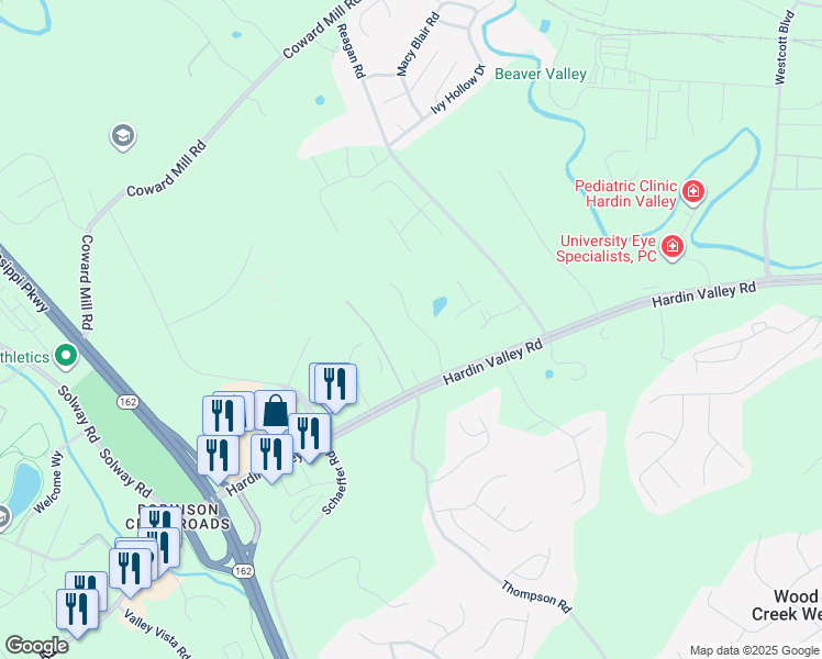 map of restaurants, bars, coffee shops, grocery stores, and more near 2433 Hardin Valley Farms Lane in Knoxville
