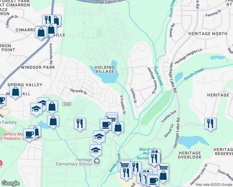 map of restaurants, bars, coffee shops, grocery stores, and more near 713 Lake Holding Street in Wake Forest