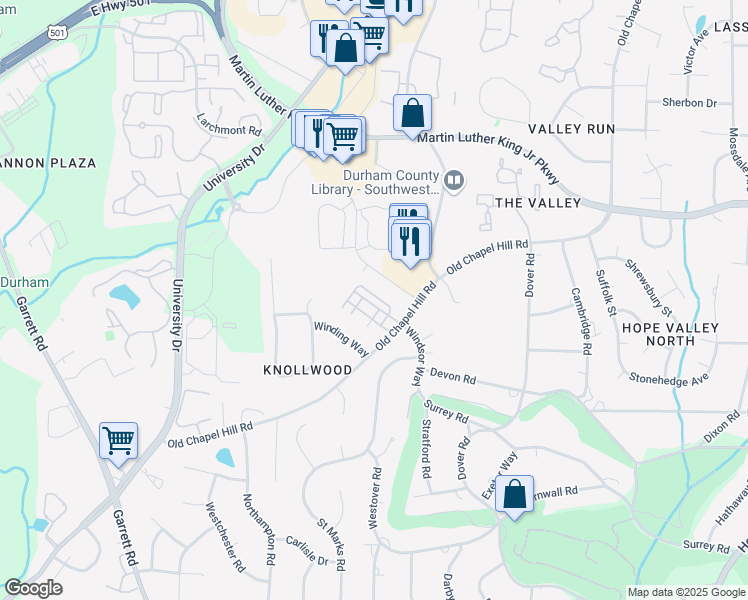 map of restaurants, bars, coffee shops, grocery stores, and more near 124 Tressel Way in Durham