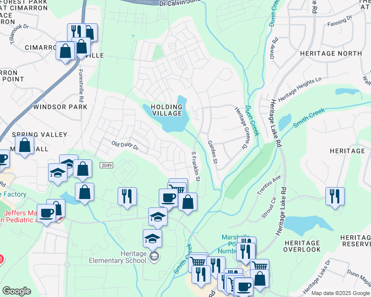 map of restaurants, bars, coffee shops, grocery stores, and more near 713 Lake Holding Street in Wake Forest
