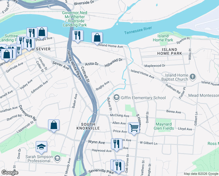 map of restaurants, bars, coffee shops, grocery stores, and more near 1717 Lenland Avenue in Knoxville