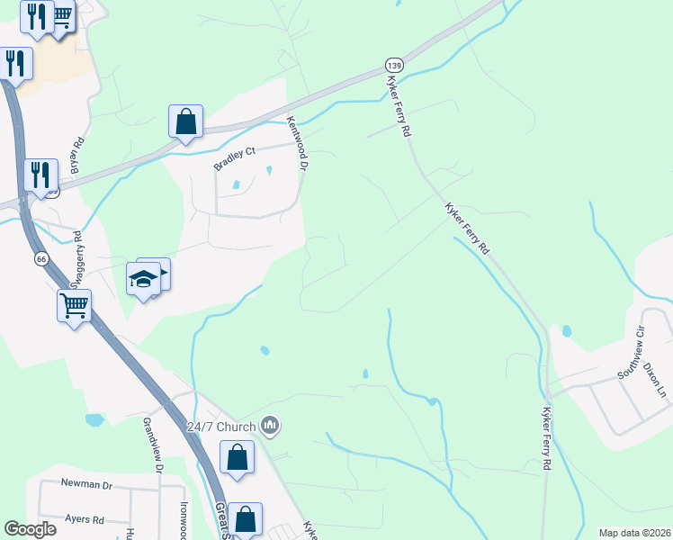 map of restaurants, bars, coffee shops, grocery stores, and more near 1099 Hilltop Lane in Kodak