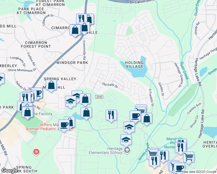 map of restaurants, bars, coffee shops, grocery stores, and more near 436 Old Dairy Drive in Wake Forest