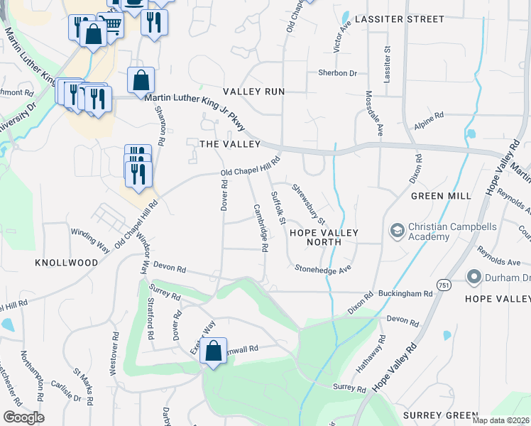 map of restaurants, bars, coffee shops, grocery stores, and more near 3620 Suffolk Street in Durham