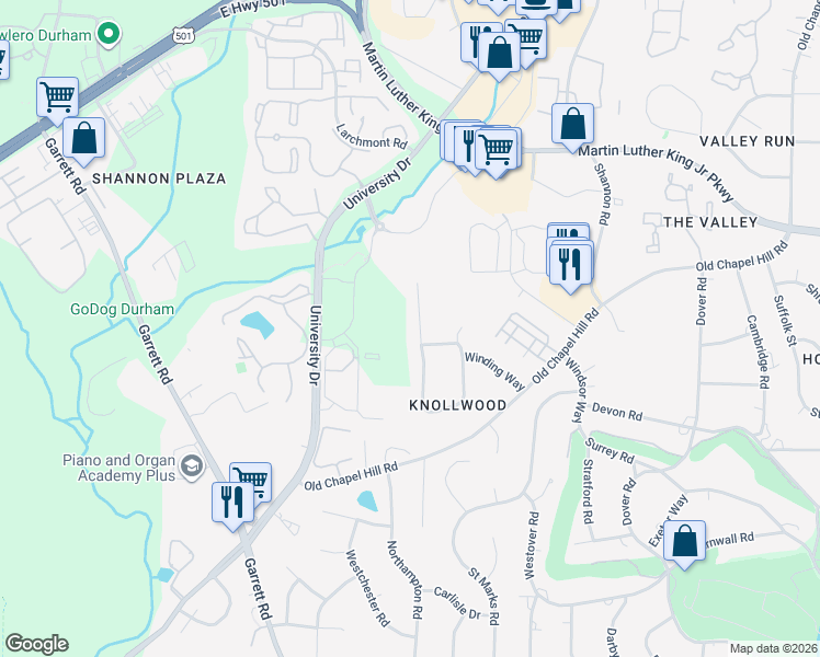 map of restaurants, bars, coffee shops, grocery stores, and more near 4026 Deepwood Circle in Durham