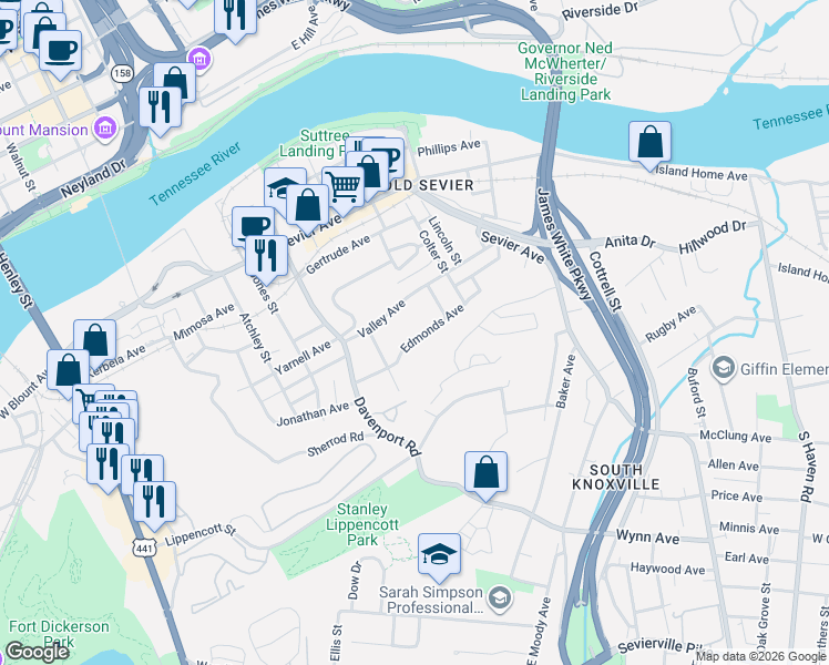 map of restaurants, bars, coffee shops, grocery stores, and more near 904 Edmonds Avenue in Knoxville