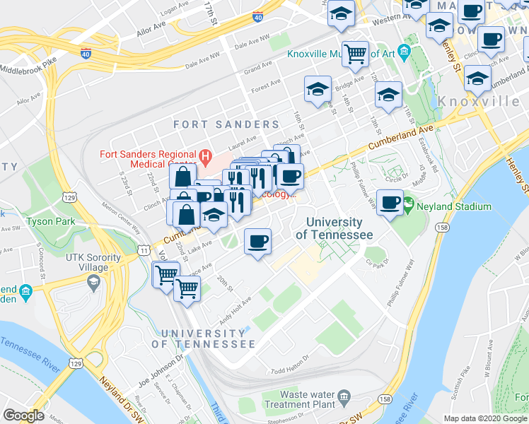 map of restaurants, bars, coffee shops, grocery stores, and more near 1805 Lake Avenue in Knoxville