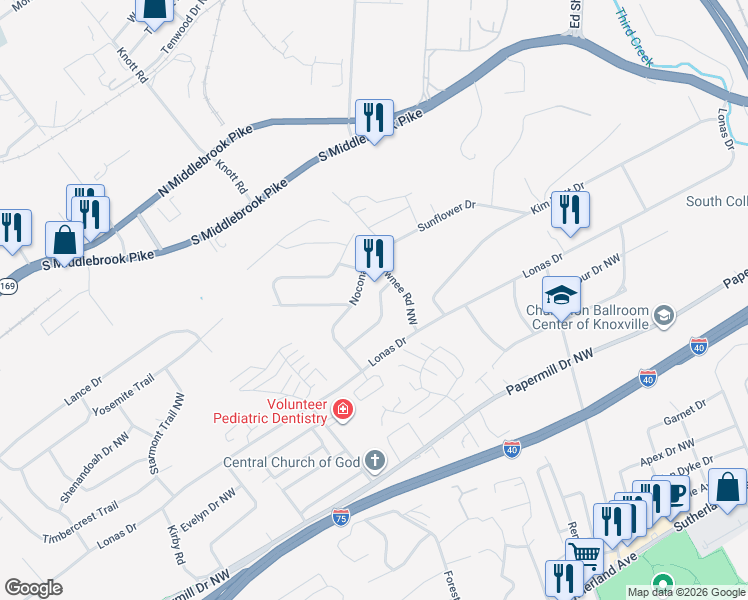 map of restaurants, bars, coffee shops, grocery stores, and more near 4704 Santala Drive Northwest in Knoxville