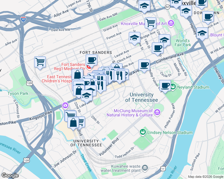 map of restaurants, bars, coffee shops, grocery stores, and more near 1801 Lake Avenue in Knoxville