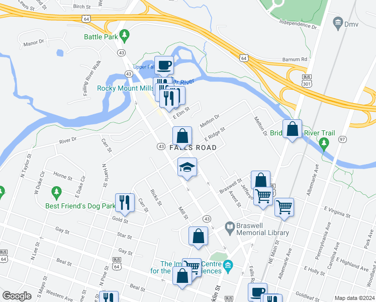 map of restaurants, bars, coffee shops, grocery stores, and more near 873 Falls Road in Rocky Mount