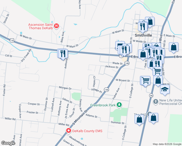 map of restaurants, bars, coffee shops, grocery stores, and more near 186 Village Place in Smithville