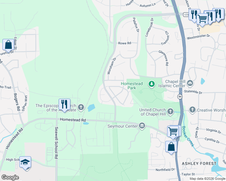 map of restaurants, bars, coffee shops, grocery stores, and more near 211 Chateau Place in Chapel Hill