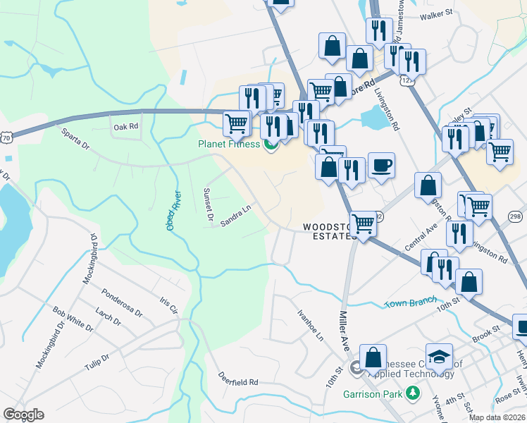 map of restaurants, bars, coffee shops, grocery stores, and more near 248 Sparta Drive in Crossville