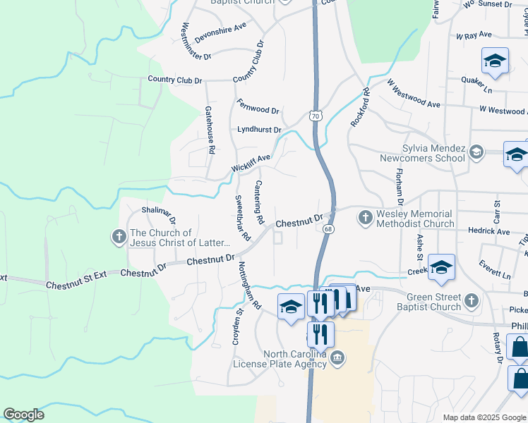 map of restaurants, bars, coffee shops, grocery stores, and more near 1024 Cantering Road in High Point