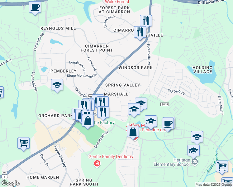map of restaurants, bars, coffee shops, grocery stores, and more near 151 Farm Road in Wake Forest