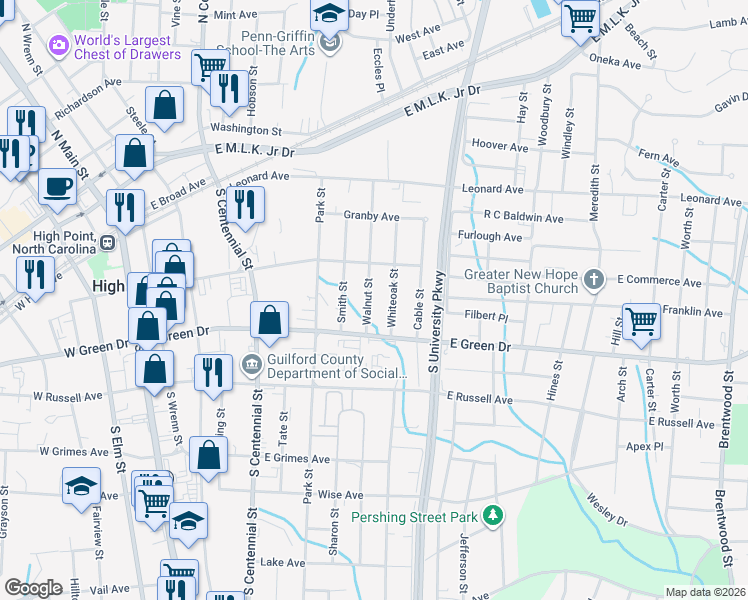 map of restaurants, bars, coffee shops, grocery stores, and more near 521 Walnut Street in High Point