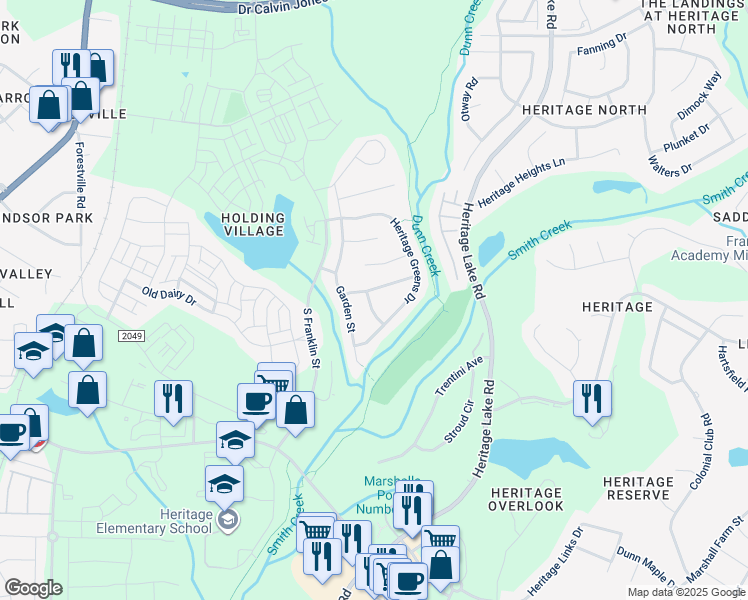 map of restaurants, bars, coffee shops, grocery stores, and more near 1605 Curly Willow Lane in Wake Forest