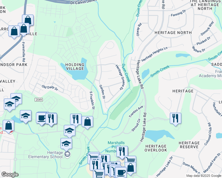 map of restaurants, bars, coffee shops, grocery stores, and more near 1605 Curly Willow Lane in Wake Forest