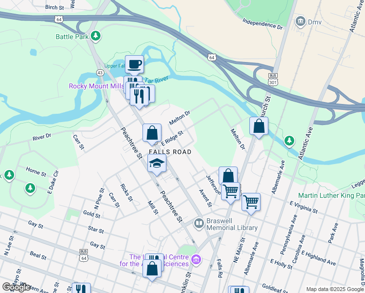 map of restaurants, bars, coffee shops, grocery stores, and more near 200 Oak Forest Drive Northwest in Rocky Mount