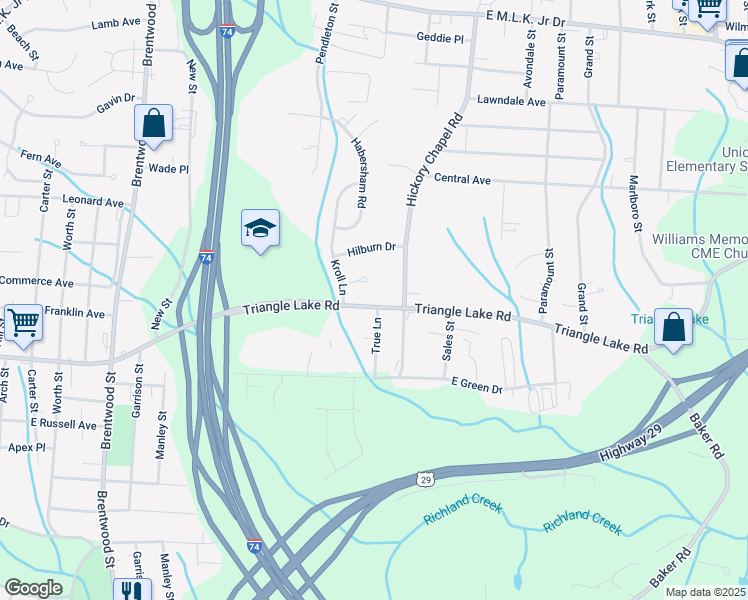 map of restaurants, bars, coffee shops, grocery stores, and more near 2509 Triangle Lake Road in High Point