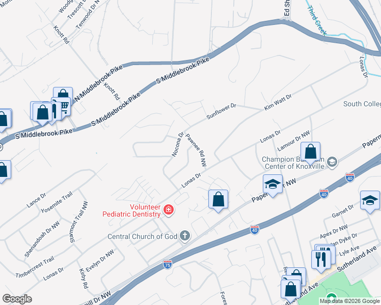 map of restaurants, bars, coffee shops, grocery stores, and more near 4704 Santala Drive Northwest in Knoxville