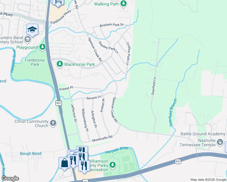map of restaurants, bars, coffee shops, grocery stores, and more near 406 Revere Lane in Franklin