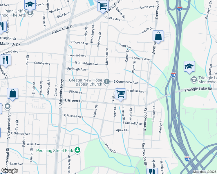 map of restaurants, bars, coffee shops, grocery stores, and more near 500 Hill Street in High Point