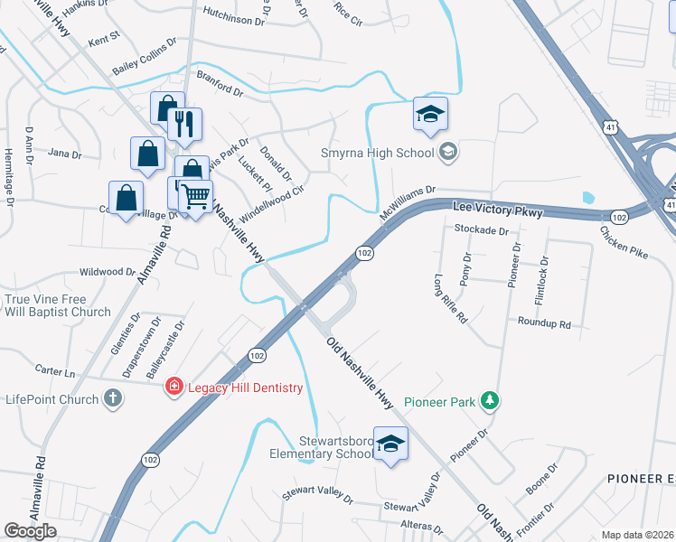 map of restaurants, bars, coffee shops, grocery stores, and more near 401 Lee Victory Parkway in Smyrna