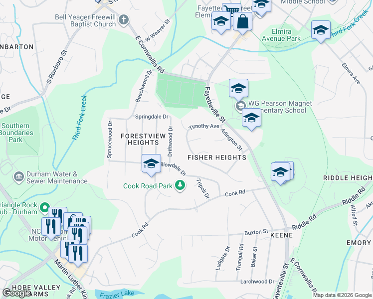 map of restaurants, bars, coffee shops, grocery stores, and more near 3520 4 Seasons Drive in Durham