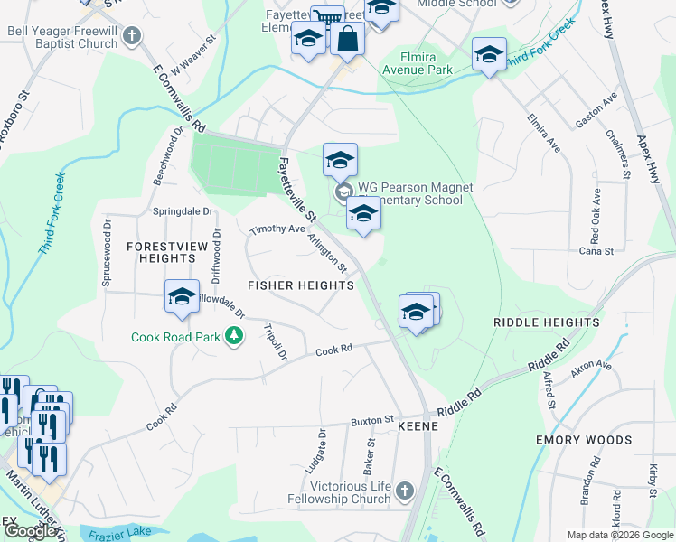 map of restaurants, bars, coffee shops, grocery stores, and more near 1326 Tralea Drive in Durham