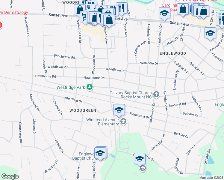 map of restaurants, bars, coffee shops, grocery stores, and more near 705 South Winstead Avenue in Rocky Mount