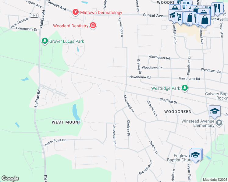 map of restaurants, bars, coffee shops, grocery stores, and more near 3628 Litchfield Drive in Rocky Mount